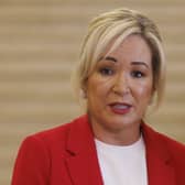 Sinn Fein vice president and Stormont First Minister Michelle O’Neill speaking during a press conference in The Great Hall of Parliament Buildings at Stormont, Belfast