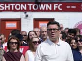 Labour party candidate Andy Burnham at Ashton Town FC in Ashton-in-Makerfield
