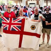 Gary Allen (2R) with son Cullen (R) at the England v Croatia match.  //  England fans who went to the 1986 World Cup and never came back were reunited in the USA at last night's game - with one even blagging his way into a Croatian VIP box.  Gary Allen, Stuart Bates, David Arnold and Garry Hardwicke jetted off to Mexico 40 years ago to follow the Three Lions while they were aged between 20 and 23.