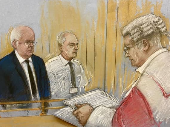 Court artist drawing of Peter Murrell (left) appearing before Lord Young (right) at Edinburgh High Court