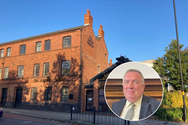Councillor Adrian Andrew inset Walsall Leather Museum