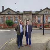 Conservative councillors Robert Alden and Gareth Moore outside Erdington Library.