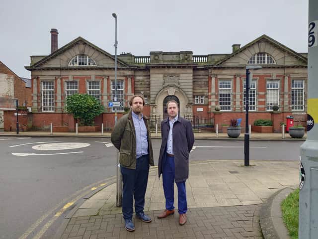 Conservative councillors Robert Alden (left) and Gareth Moore outside Erdington Library