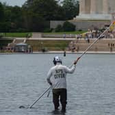 A National Park Service employee works to clean the Lincoln Memorial Reflecting Pool