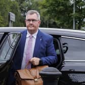 Sir Jeffrey Donaldson arrives at Newry Crown Court,
