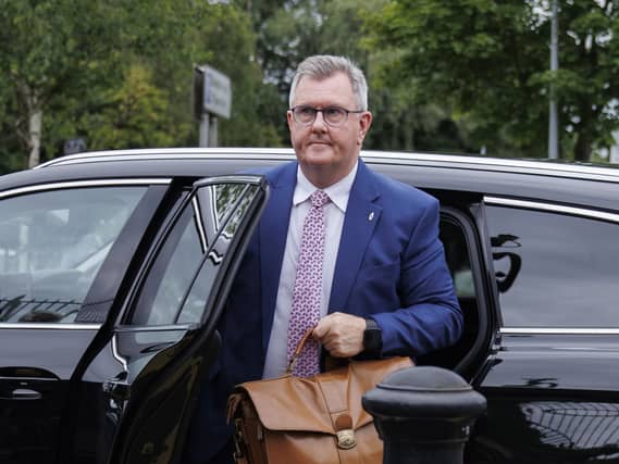 Sir Jeffrey Donaldson arrives at Newry Crown Court,