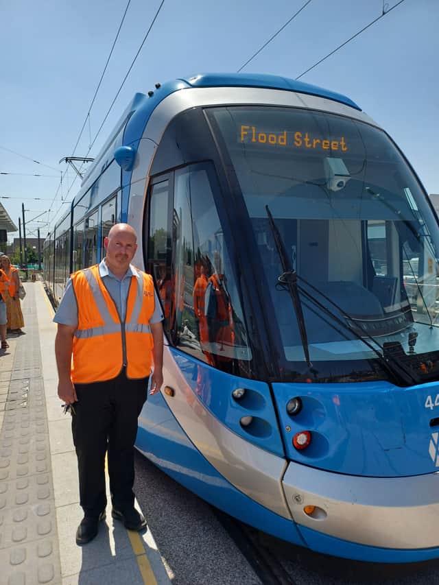 Driver Craig Parkes arrives at the tram terminus in Flood Street, Dudley, during a test run