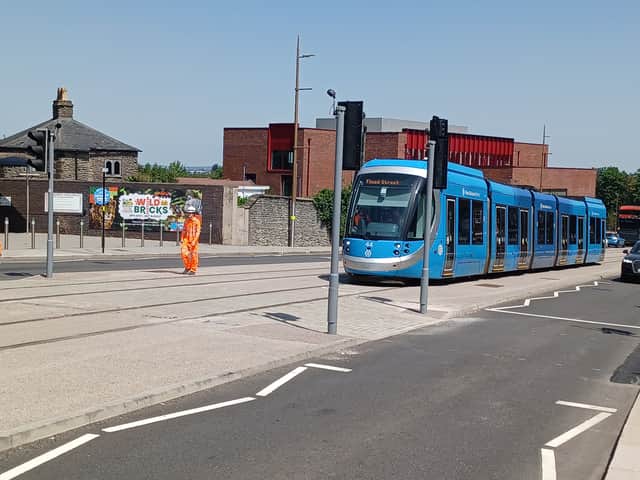 The tram arrives in Castle Hill, Dudley, during testing