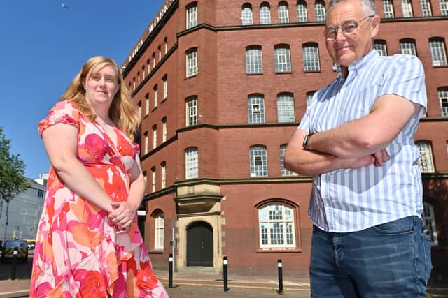 Sarah Warnes and Ian Hodgkinson of Midlands Industrial Association outside the Chubb Building