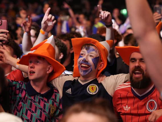 Scotland fans in traffic cone hats