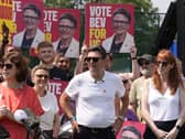 Andy Burnham, flanked by Lucy Powell and Angela Rayner, attends Bev Craig's mayoral campaign launch