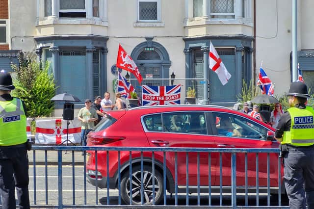Flags and banners could be seen outside the Goldthorn Hotel during the demonstration
