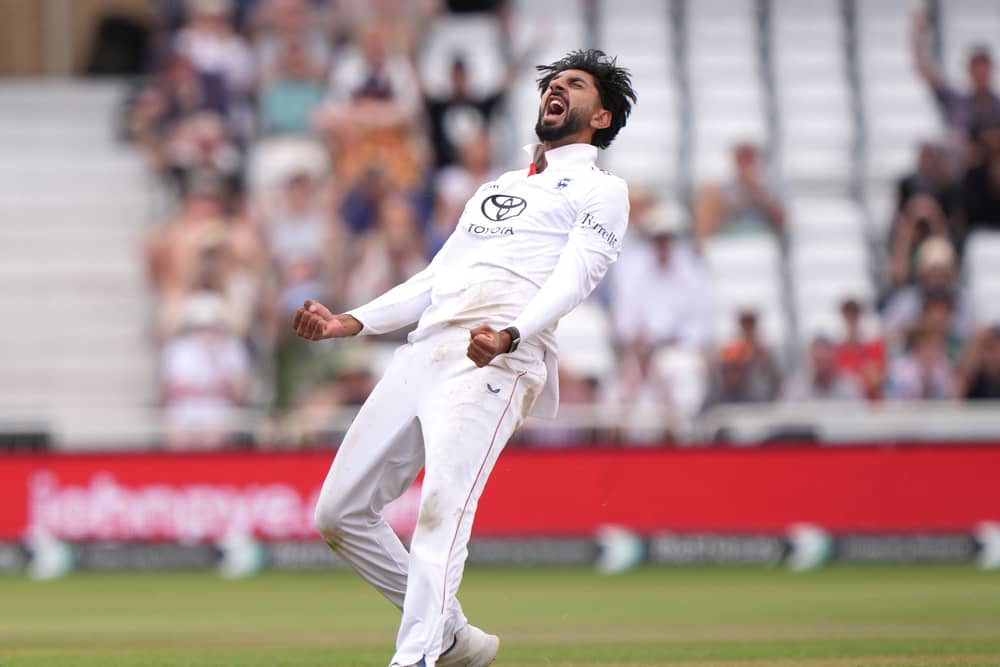 Shoaib Bashir celebrates