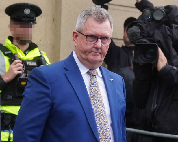 Sir Jeffrey Donaldson leaving Newry Crown Court