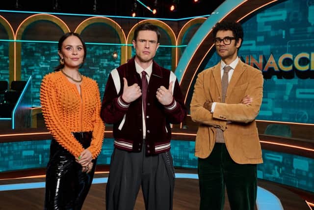 Joanne McNally, Ed Gamble and Richard Ayoade on Unacceptable (Warner Bros/PA)
