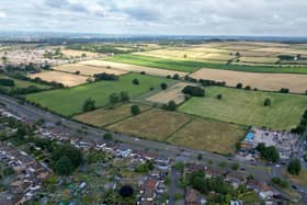 Aerial footage over fields off Queslett Road, between Aldridge Road and Doe Bank Lane where a planning application for 850 houses has been formally lodged.