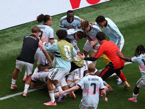Youri Tielemans celebrates with teammates