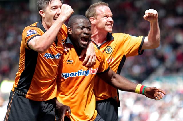 George Elokobi scores for Wolves against Sunderland in 2011 and celebrates with Stephen Ward (left) and Jody Craddock