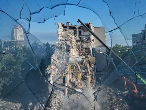 A damaged residential building after a Russian strike on Kyiv