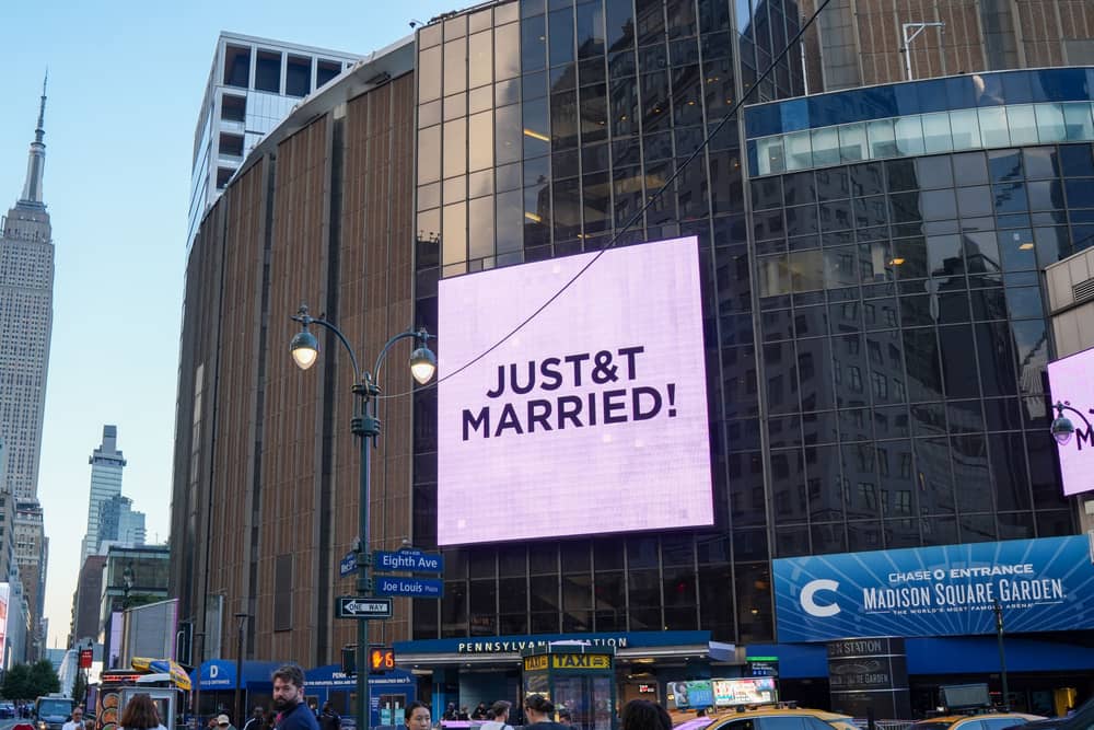 A “Just Married” sign is displayed on Madison Square Garden