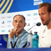 Harry Kane (right) with manager Thomas Tuchel (left) during a press conference (Martin Rickett/PA)