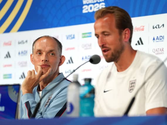 Harry Kane (right) with manager Thomas Tuchel (left) during a press conference (Martin Rickett/PA)