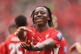 Johan Manzambi #9 of Switzerland celebrates scoring his team's second goal during the FIFA World Cup 2026 Group B match between Switzerland and Canada at BC Place Vancouver on June 24, 2026 in Vancouver, British Columbia. (Photo by Alex Grimm/Getty Images)