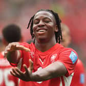 Johan Manzambi #9 of Switzerland celebrates scoring his team's second goal during the FIFA World Cup 2026 Group B match between Switzerland and Canada at BC Place Vancouver on June 24, 2026 in Vancouver, British Columbia. (Photo by Alex Grimm/Getty Images)