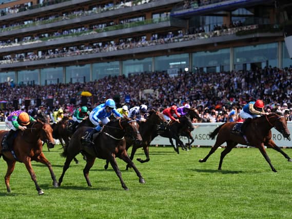 Venetian Sun (blue) held off Spicy Marg (near side) and Division at Ascot