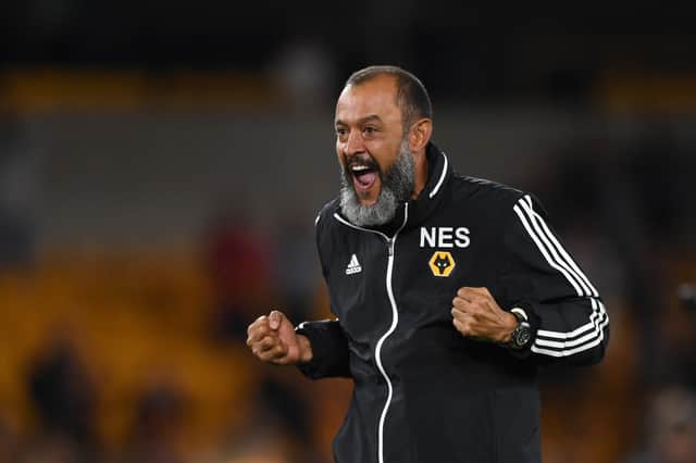 Nuno Espirito Santo celebrates Wolves' qualification for the Europa League group stage after beating Torino in 2019.