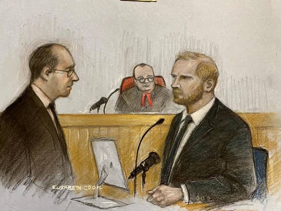 Court artist sketch of the Duke of Sussex being questioned by Antony White KC