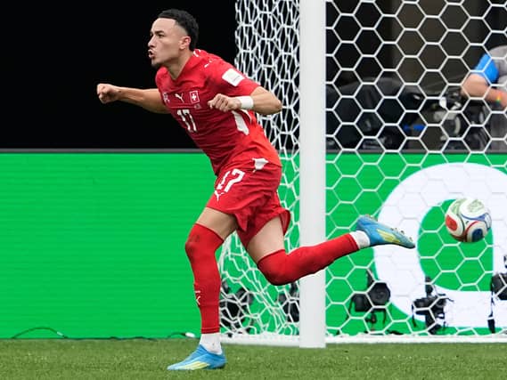 Switzerland’s Ruben Vargas reacts after scoring the winning penalty against Colombia