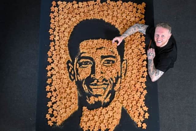 Celebrated food artist Nathan Wyburn has unveiled a giant portrait of Jude Bellingham, crafted from 998 footballer-shaped nuggets