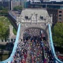 Runners crossing Tower Bridge during the 2026 TCS London Marathon
