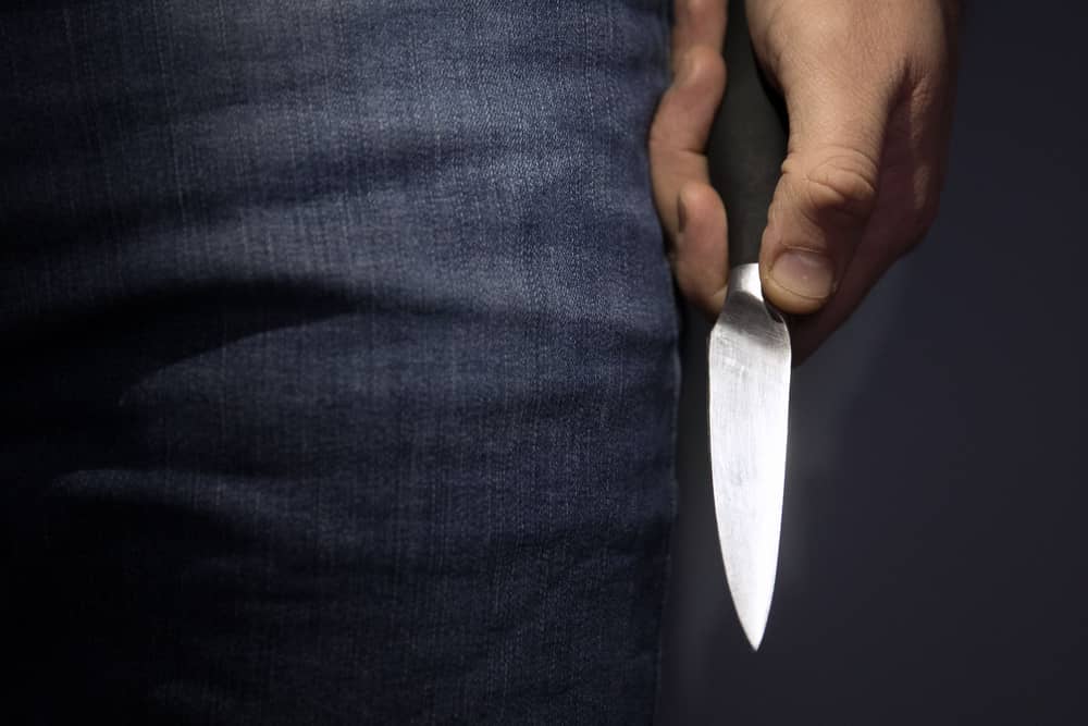 A model poses holding a knife.