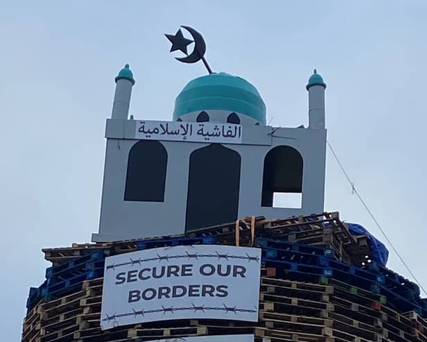 The bonfire with a replica mosque in Moygashel, Co Tyrone
