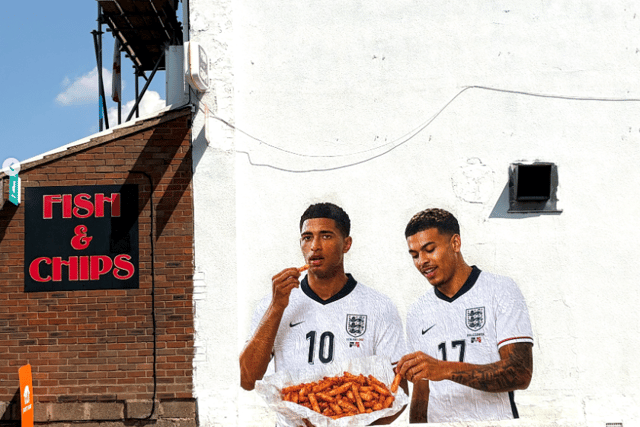 Mural of Jude Bellingham and Morgan Rogers eating orange chips appears in Quinton