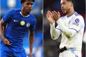 Composite image of Andrey Santos, left, in action for Chelsea and Youri Tielemans, right, applauding the Aston Villa fans