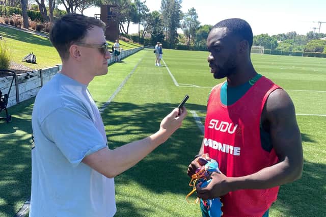 Liam Keen interviews Toti Gomes during Wolves' pre-season training camp in Portugal
