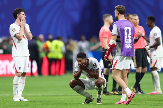 Jude Bellingham reacts after the defeat by Argentina in the World Cup semi-final at Atlanta Stadium.