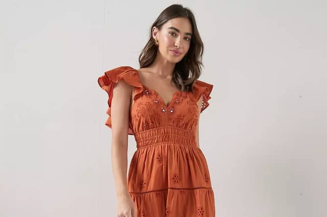 The Very Collection's brown midaxi dress combines romantic frill sleeves with elegant embellishment for effortless occasion dressing