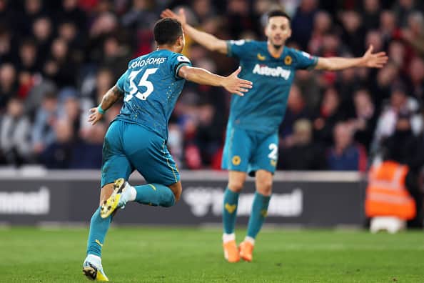 Joao Gomes celebrates scoring on his Wolves debut at Southampton