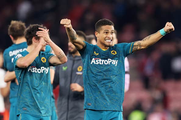 Joao Gomes celebrates after scoring on his Wolves debut at Southampton