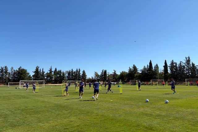 Albion players during one of their coaching drills in Portugal as they move the ball with one and two touches under the watchful guidance of Gavin Strachan and Matt Gill.