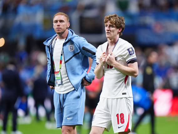 England’s Jason Steele and Anthony Gordon react following the FIFA World Cup 2026 semi-final match at the Atlanta Stadium. Picture date: Wednesday July 15, 2026.