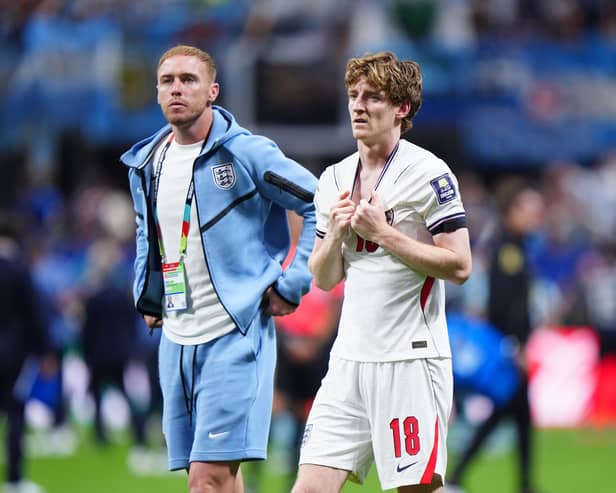 England’s Jason Steele and Anthony Gordon react following the FIFA World Cup 2026 semi-final match at the Atlanta Stadium. Picture date: Wednesday July 15, 2026.
