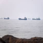Commercial vessels are seen in the Strait of Hormuz