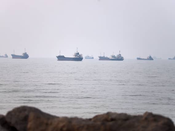 Commercial vessels are seen in the Strait of Hormuz