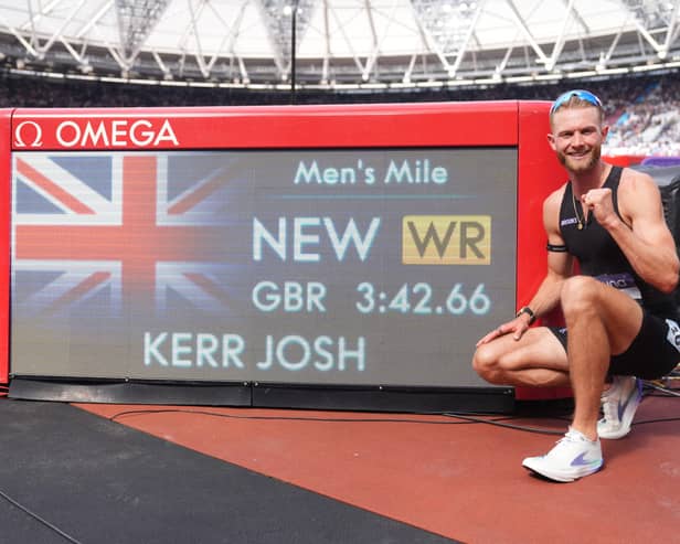 Great Britain’s Josh Kerr celebrates after winning and breaking a world record in the Men’s 1 Mile final during the Novuna London Athletics Meet at the London Stadium.