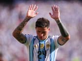 Argentina’s Enzo Fernandez leaves the match after receiving a red card